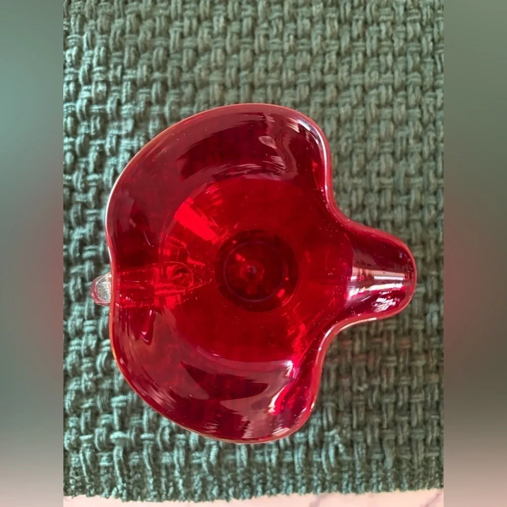 Vintage Ruby Red Mid Century Glass Pitcher-Ruffle Rim with Clear Handle